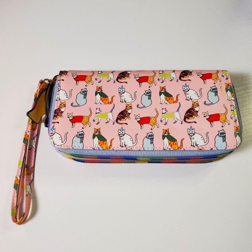 Pink Cat Print Wallet with Wrist Strap